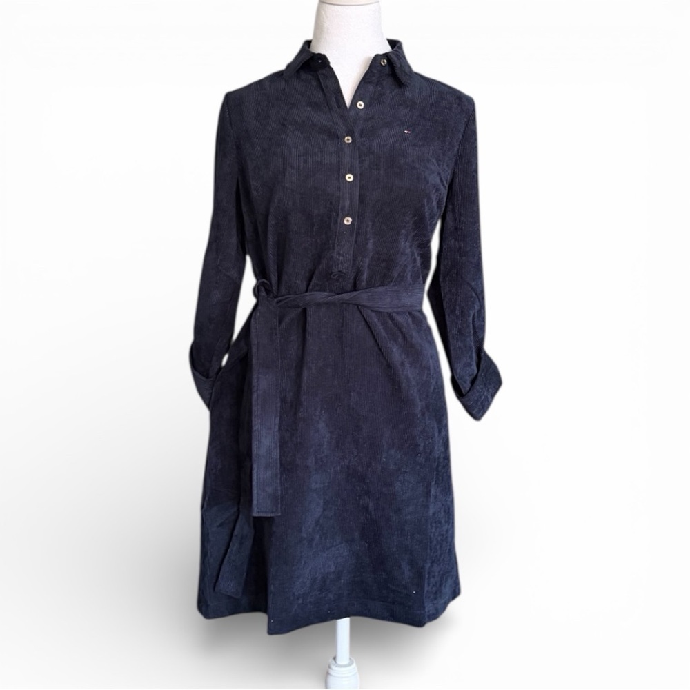 Tommy Hilfiger Corduroy Shirt Dress Size 4P Navy Blue Belted Roll Tab Sleeve NWT